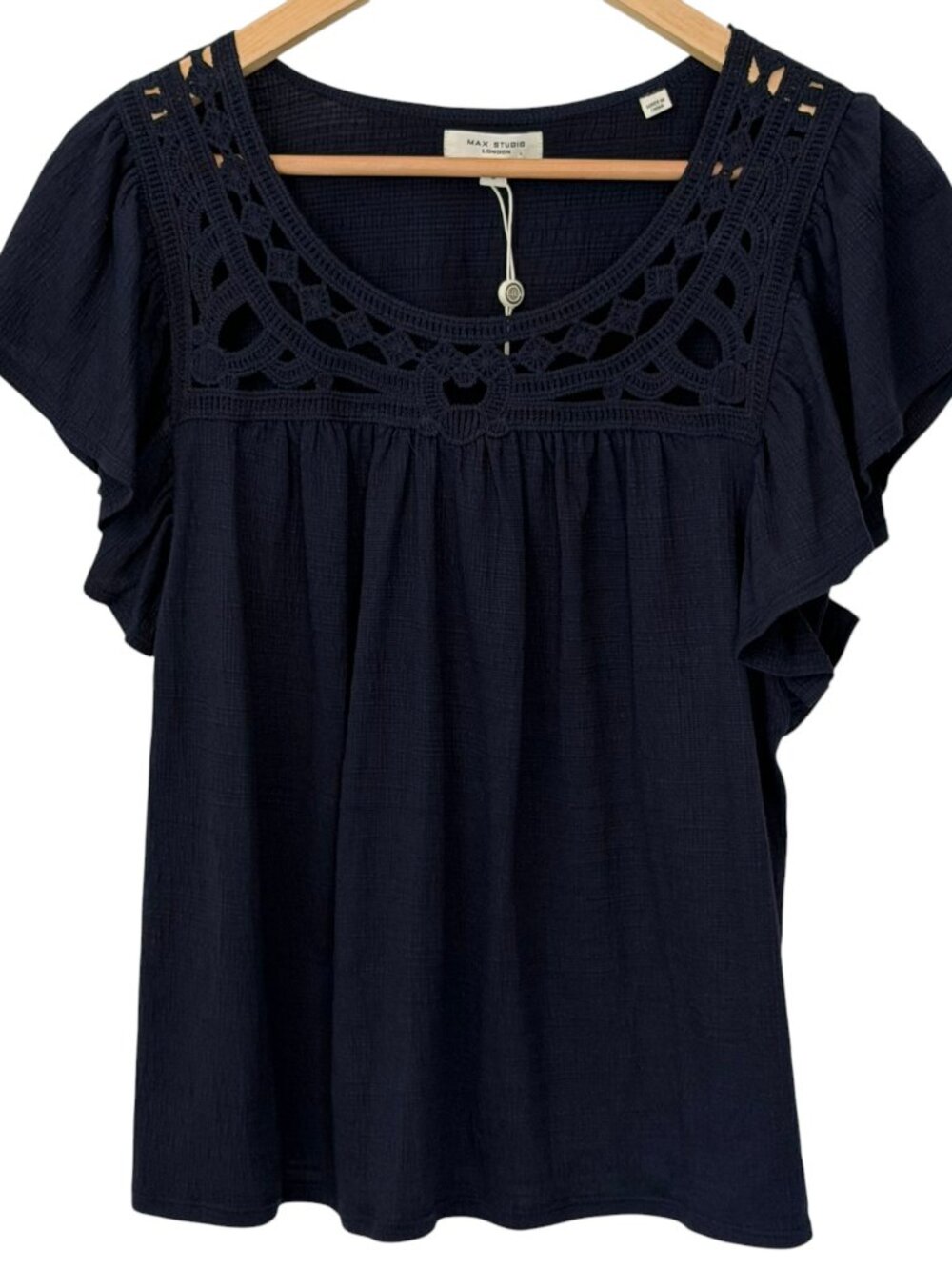 Max Studio Flutter Sleeve Crinkle Jersey Blouse Crochet Lace Neck Boho Navy S